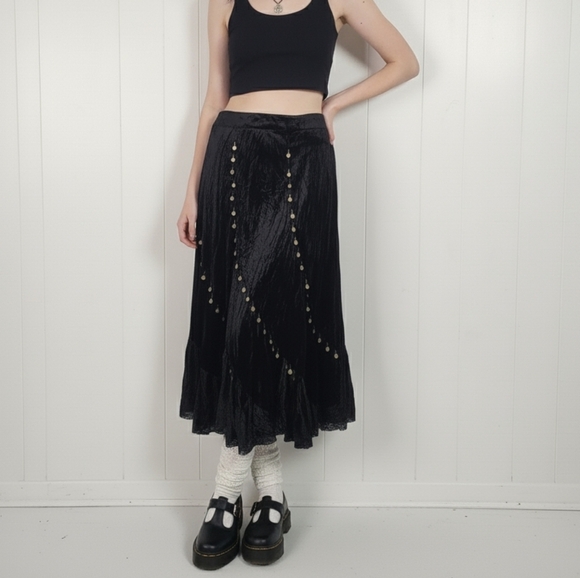 Vintage 90s Black Velvet Sequins Beaded Broomstick Skirt 1990s Whimsigoth Large - Picture 2 of 13